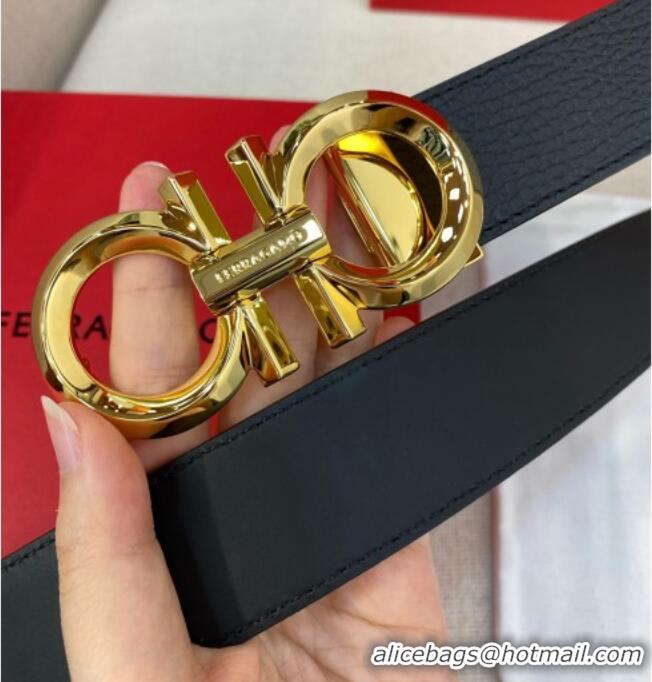 Market Sells Ferragamo Belt 3.5cm in Reversible Litchi-Grained and Smooth Leather 0615 Black/Shiny Gold