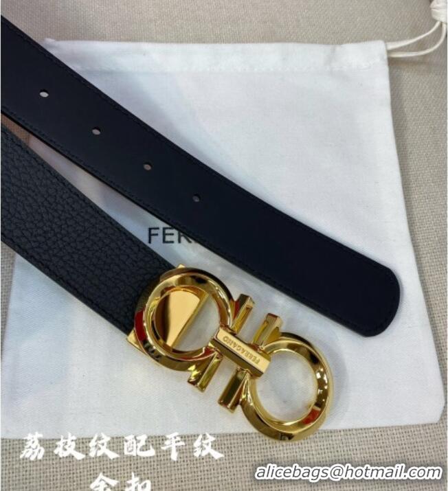 Market Sells Ferragamo Belt 3.5cm in Reversible Litchi-Grained and Smooth Leather 0615 Black/Shiny Gold