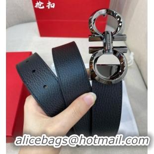 High Quality Ferragamo Belt 3.5cm in Reversible Litchi-Grained and Smooth Leather 0615 Black/Shiny Gunmetal