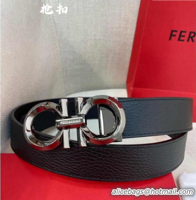 High Quality Ferragamo Belt 3.5cm in Reversible Litchi-Grained and Smooth Leather 0615 Black/Shiny Gunmetal