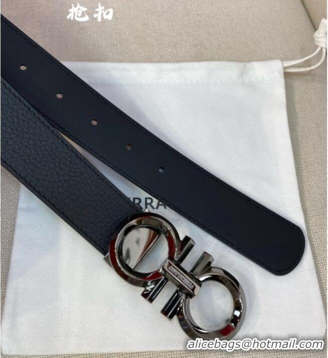 High Quality Ferragamo Belt 3.5cm in Reversible Litchi-Grained and Smooth Leather 0615 Black/Shiny Gunmetal