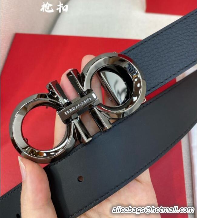 High Quality Ferragamo Belt 3.5cm in Reversible Litchi-Grained and Smooth Leather 0615 Black/Shiny Gunmetal