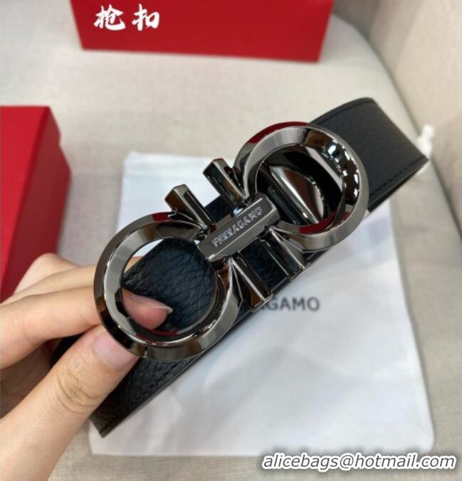 High Quality Ferragamo Belt 3.5cm in Reversible Litchi-Grained and Smooth Leather 0615 Black/Shiny Gunmetal