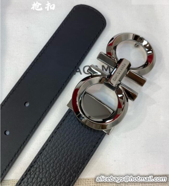 High Quality Ferragamo Belt 3.5cm in Reversible Litchi-Grained and Smooth Leather 0615 Black/Shiny Gunmetal