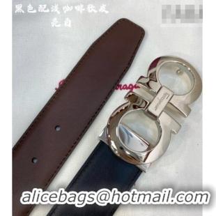 Inexpensive Ferragamo Belt 3.5cm in Reversible Soft Leather 0615 Black/Light Coffee/Shiny Silver