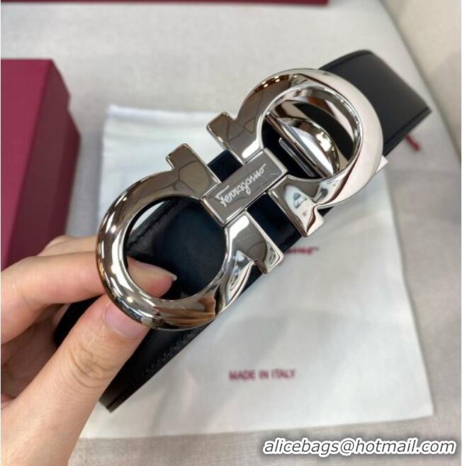 Inexpensive Ferragamo Belt 3.5cm in Reversible Soft Leather 0615 Black/Light Coffee/Shiny Silver
