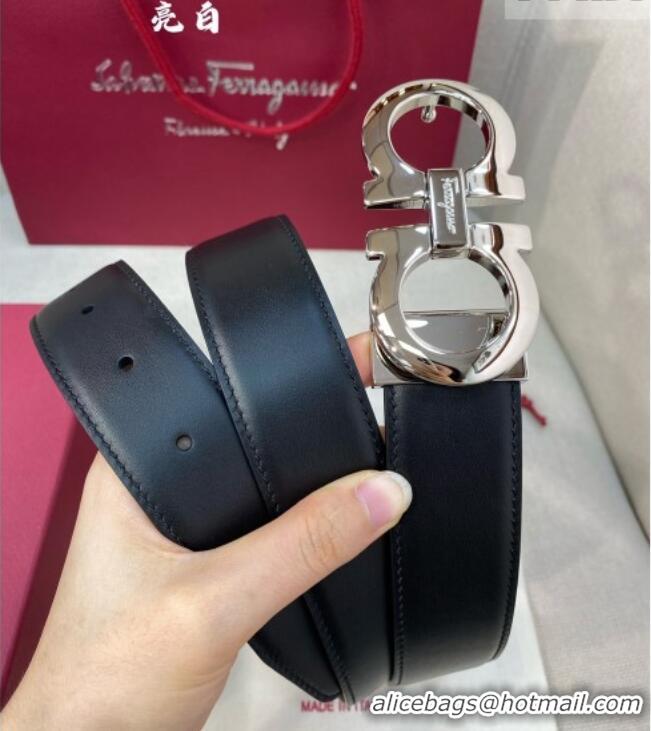 Inexpensive Ferragamo Belt 3.5cm in Reversible Soft Leather 0615 Black/Light Coffee/Shiny Silver