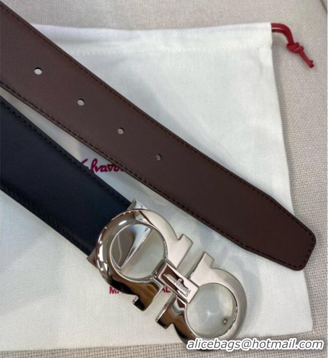 Inexpensive Ferragamo Belt 3.5cm in Reversible Soft Leather 0615 Black/Light Coffee/Shiny Silver