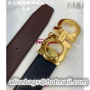Luxury Classic Ferragamo Belt 3.5cm in Reversible Soft Leather 0615 Black/Light Coffee/Shiny Gold