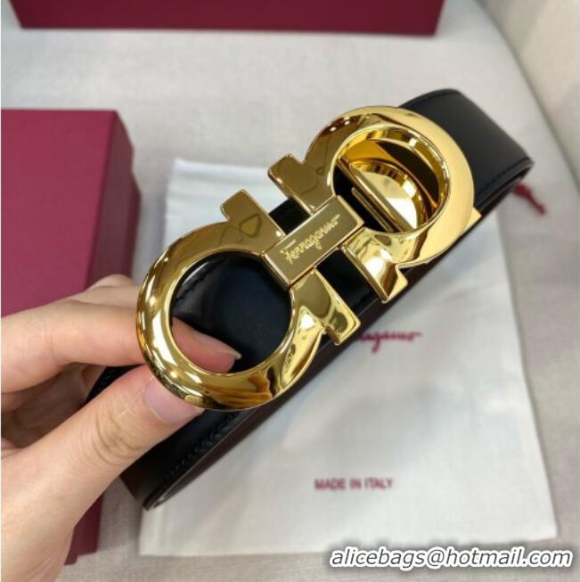 Luxury Classic Ferragamo Belt 3.5cm in Reversible Soft Leather 0615 Black/Light Coffee/Shiny Gold
