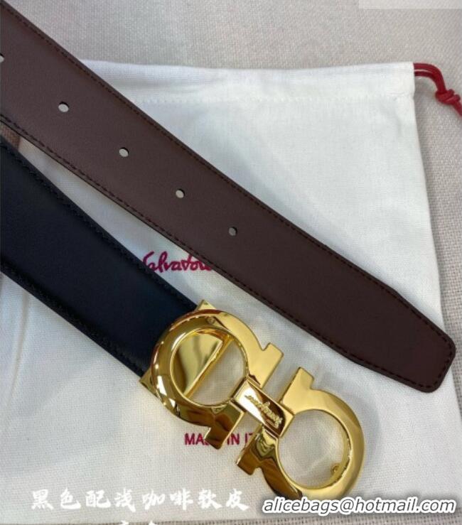 Luxury Classic Ferragamo Belt 3.5cm in Reversible Soft Leather 0615 Black/Light Coffee/Shiny Gold