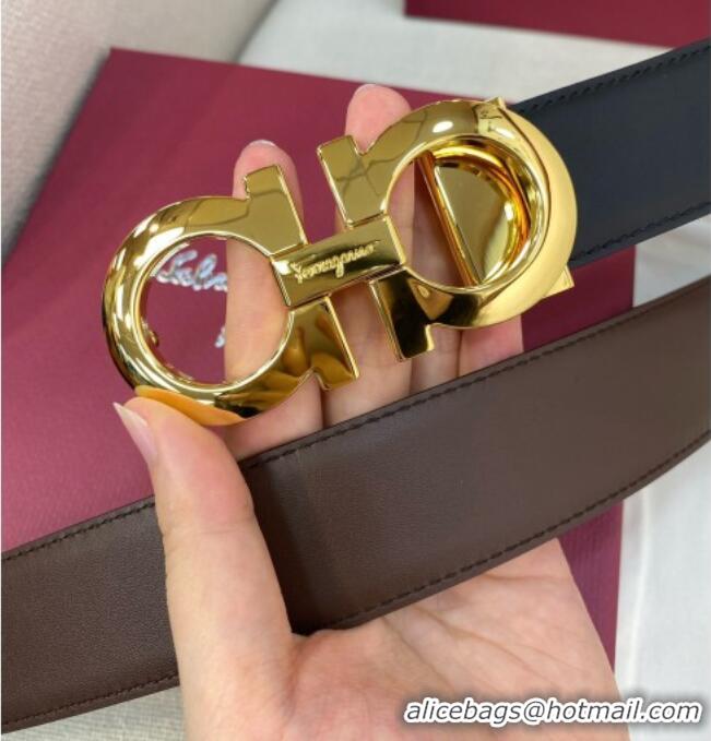 Luxury Classic Ferragamo Belt 3.5cm in Reversible Soft Leather 0615 Black/Light Coffee/Shiny Gold