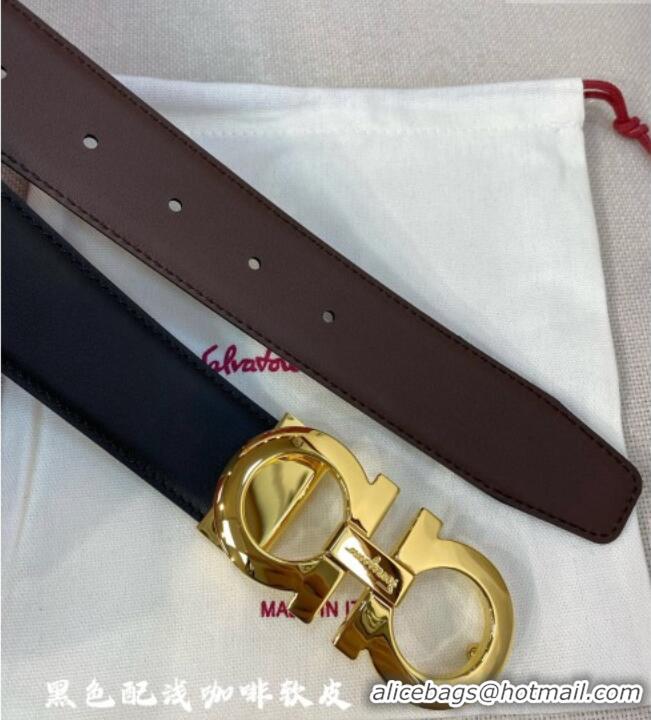 Luxury Classic Ferragamo Belt 3.5cm in Reversible Soft Leather 0615 Black/Light Coffee/Shiny Gold
