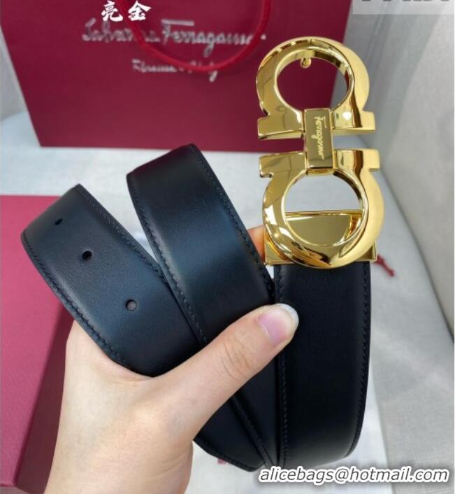 Luxury Classic Ferragamo Belt 3.5cm in Reversible Soft Leather 0615 Black/Light Coffee/Shiny Gold