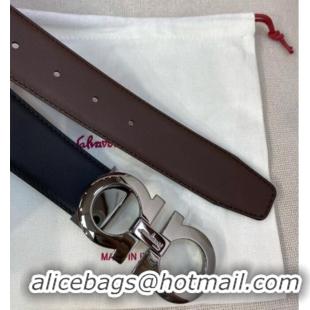 New Cheap Ferragamo Belt 3.5cm in Reversible Soft Leather 0615 Black/Light Coffee/Shiny Gunmetal