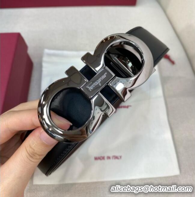 New Cheap Ferragamo Belt 3.5cm in Reversible Soft Leather 0615 Black/Light Coffee/Shiny Gunmetal