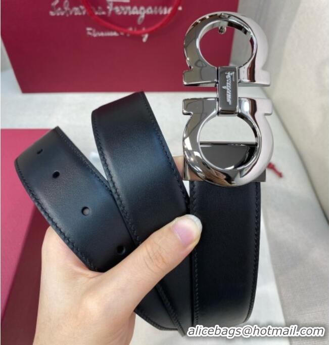 New Cheap Ferragamo Belt 3.5cm in Reversible Soft Leather 0615 Black/Light Coffee/Shiny Gunmetal