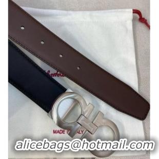 Buy Classic Ferragamo Belt 3.5cm in Reversible Soft Leather 0615 Black/Light Coffee/Brushed Silver