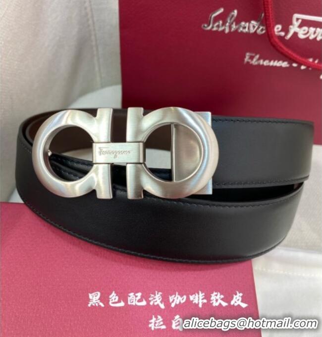 Buy Classic Ferragamo Belt 3.5cm in Reversible Soft Leather 0615 Black/Light Coffee/Brushed Silver