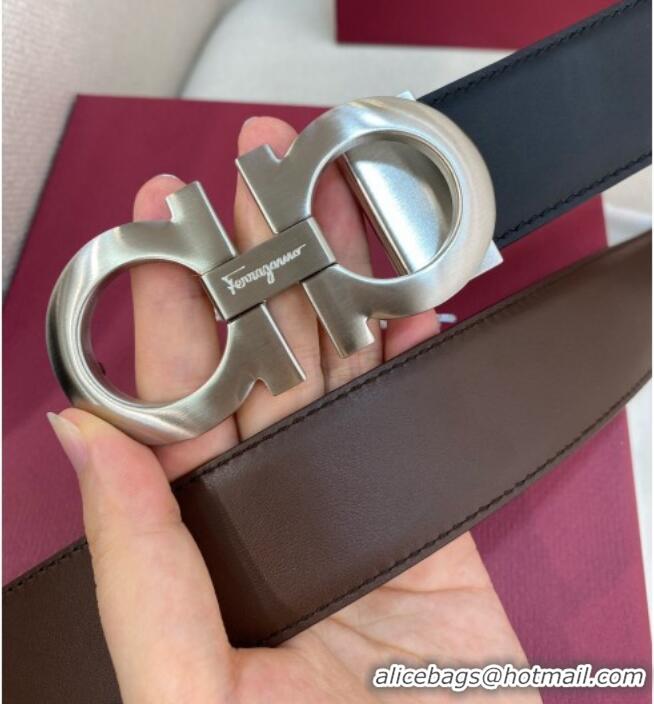 Buy Classic Ferragamo Belt 3.5cm in Reversible Soft Leather 0615 Black/Light Coffee/Brushed Silver
