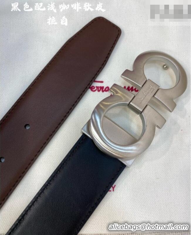 Buy Classic Ferragamo Belt 3.5cm in Reversible Soft Leather 0615 Black/Light Coffee/Brushed Silver