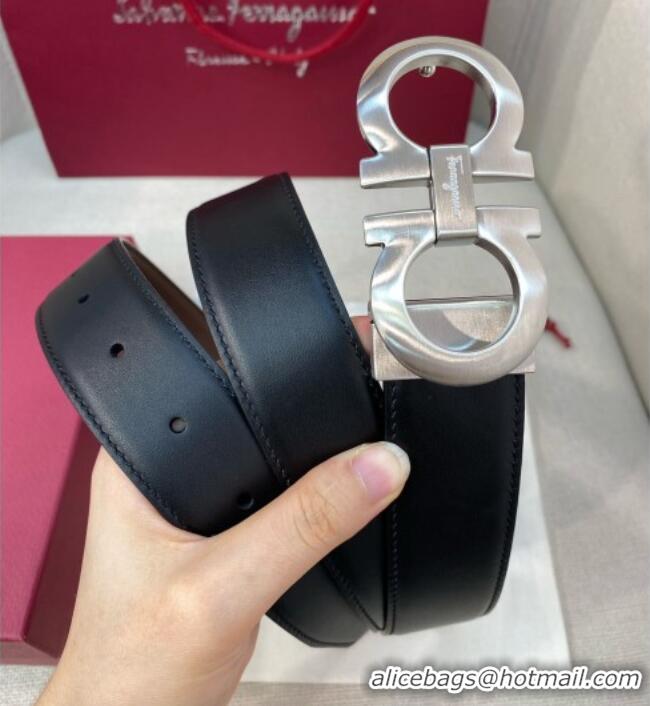 Buy Classic Ferragamo Belt 3.5cm in Reversible Soft Leather 0615 Black/Light Coffee/Brushed Silver