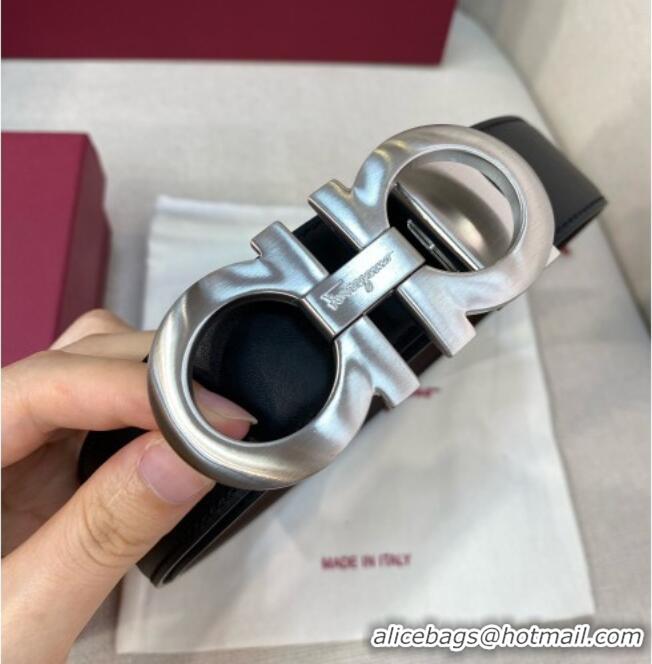 Buy Classic Ferragamo Belt 3.5cm in Reversible Soft Leather 0615 Black/Light Coffee/Brushed Silver