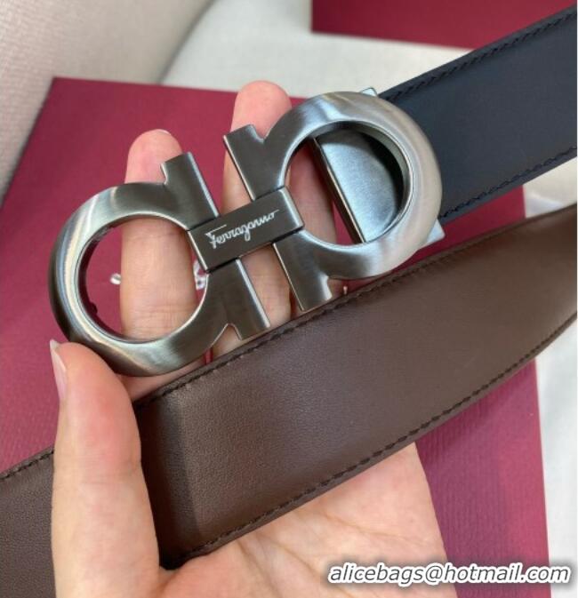 Modern Classic Ferragamo Belt 3.5cm in Reversible Soft Leather 0615 Black/Light Coffee/Brushed Gunmetal