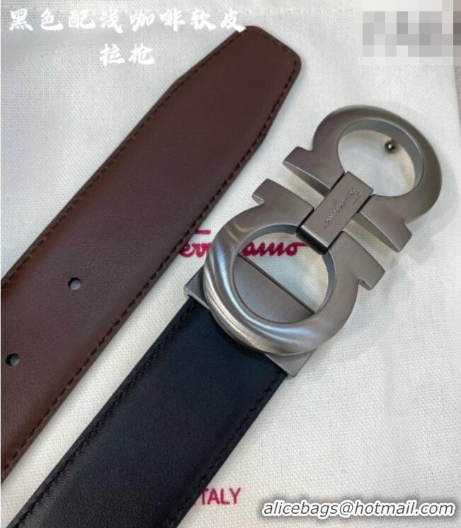 Modern Classic Ferragamo Belt 3.5cm in Reversible Soft Leather 0615 Black/Light Coffee/Brushed Gunmetal