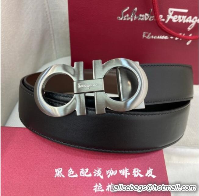 Modern Classic Ferragamo Belt 3.5cm in Reversible Soft Leather 0615 Black/Light Coffee/Brushed Gunmetal