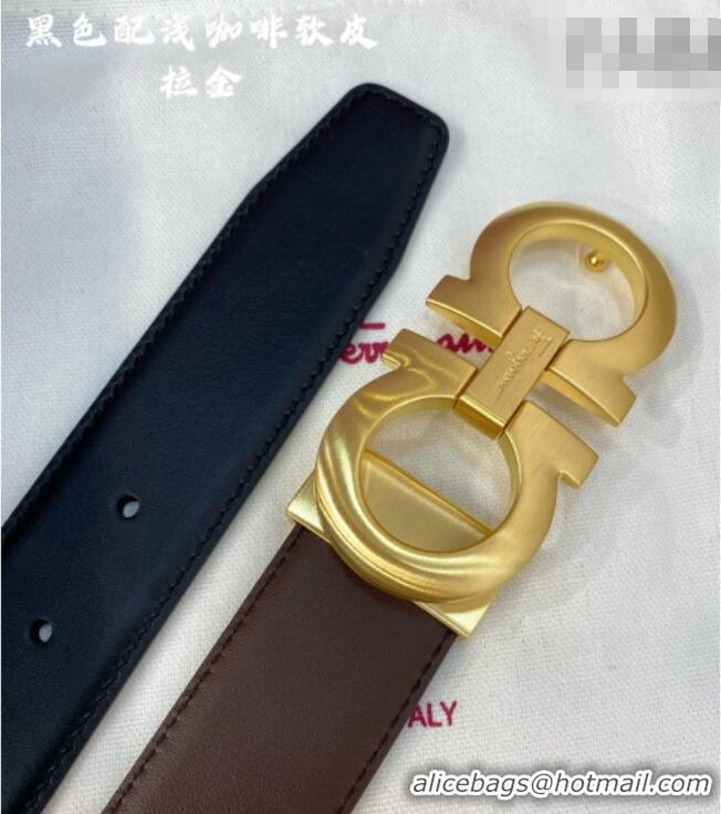 Good Product Ferragamo Belt 3.5cm in Reversible Soft Leather 0615 Black/Light Coffee/Brushed Gold