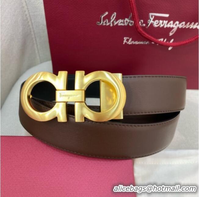 Good Product Ferragamo Belt 3.5cm in Reversible Soft Leather 0615 Black/Light Coffee/Brushed Gold