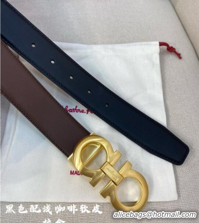Good Product Ferragamo Belt 3.5cm in Reversible Soft Leather 0615 Black/Light Coffee/Brushed Gold