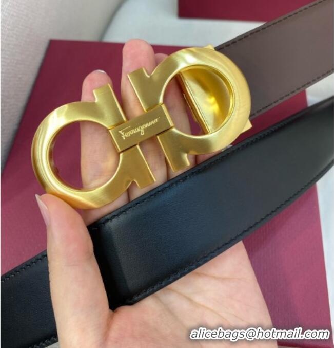 Good Product Ferragamo Belt 3.5cm in Reversible Soft Leather 0615 Black/Light Coffee/Brushed Gold