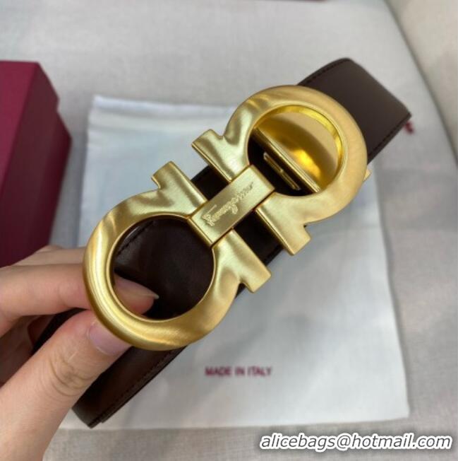 Good Product Ferragamo Belt 3.5cm in Reversible Soft Leather 0615 Black/Light Coffee/Brushed Gold