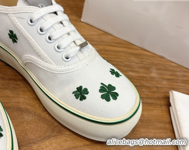 Buy Luxury Dior Saltwind Sneakers 3cm in White Cotton Embroidered with Green Dior Clover Motif 2026 0303030