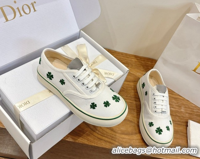 Buy Luxury Dior Saltwind Sneakers 3cm in White Cotton Embroidered with Green Dior Clover Motif 2026 0303030