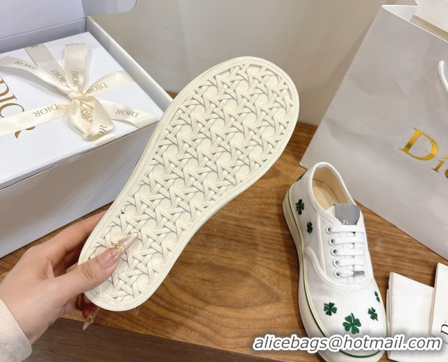 Buy Luxury Dior Saltwind Sneakers 3cm in White Cotton Embroidered with Green Dior Clover Motif 2026 0303030