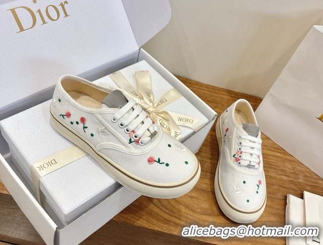 Sumptuous Dior Saltwind Sneakers 3cm in White Cotton Embroidered with Multicolor Doves & Roses Motif 2026 0303032