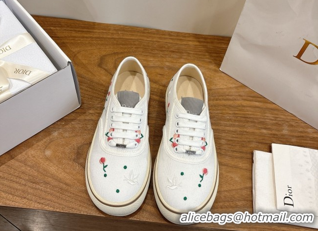 Sumptuous Dior Saltwind Sneakers 3cm in White Cotton Embroidered with Multicolor Doves & Roses Motif 2026 0303032