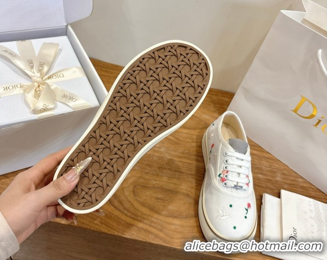 Sumptuous Dior Saltwind Sneakers 3cm in White Cotton Embroidered with Multicolor Doves & Roses Motif 2026 0303032