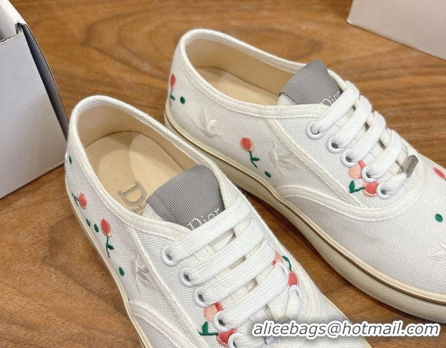 Sumptuous Dior Saltwind Sneakers 3cm in White Cotton Embroidered with Multicolor Doves & Roses Motif 2026 0303032
