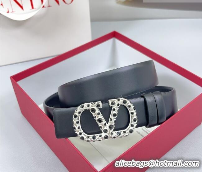 Buy Discount Valentino VLogo Calfskin Leather Belt 3cm with Stone Buckle 0108 Black 2025