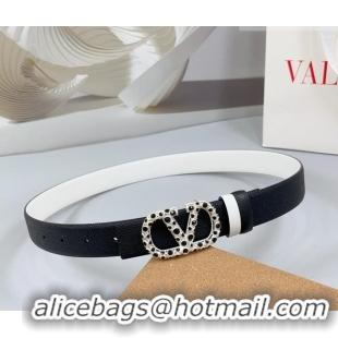 Super Quality Valentino VLogo Grained Calfskin Leather Belt 3cm with Stone Buckle 0108 Black/White 2025