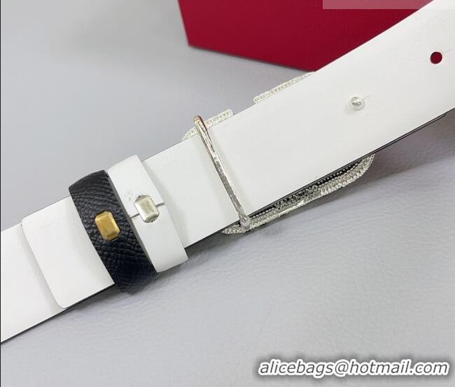 Super Quality Valentino VLogo Grained Calfskin Leather Belt 3cm with Stone Buckle 0108 Black/White 2025