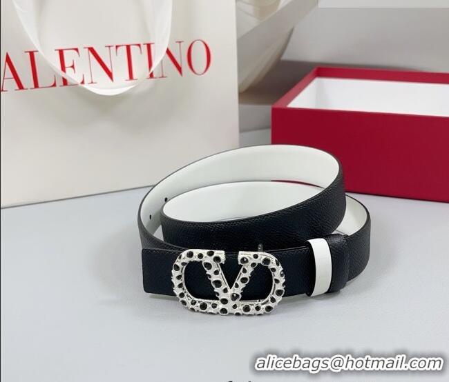 Super Quality Valentino VLogo Grained Calfskin Leather Belt 3cm with Stone Buckle 0108 Black/White 2025
