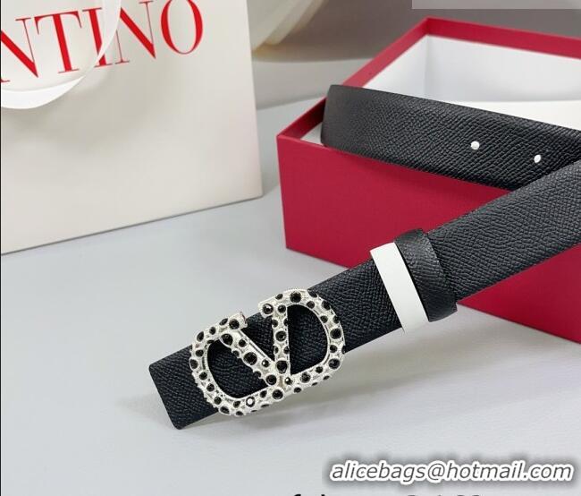 Super Quality Valentino VLogo Grained Calfskin Leather Belt 3cm with Stone Buckle 0108 Black/White 2025
