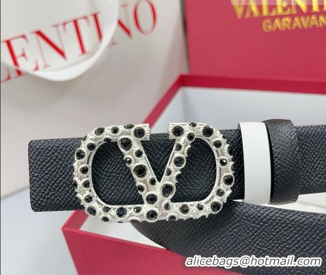 Super Quality Valentino VLogo Grained Calfskin Leather Belt 3cm with Stone Buckle 0108 Black/White 2025