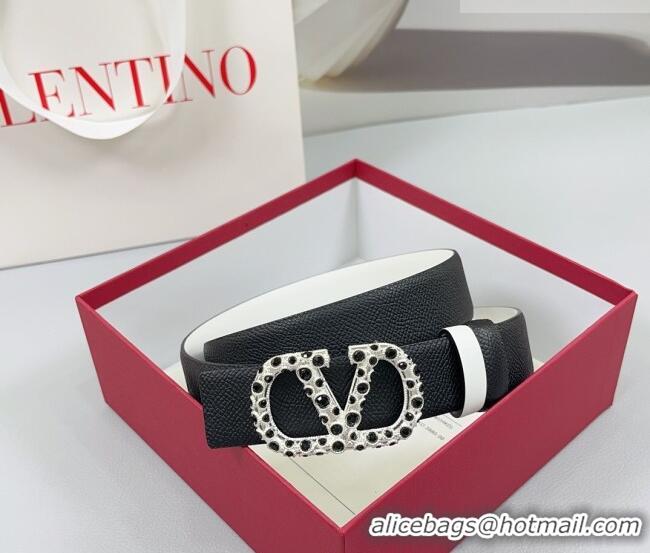 Super Quality Valentino VLogo Grained Calfskin Leather Belt 3cm with Stone Buckle 0108 Black/White 2025