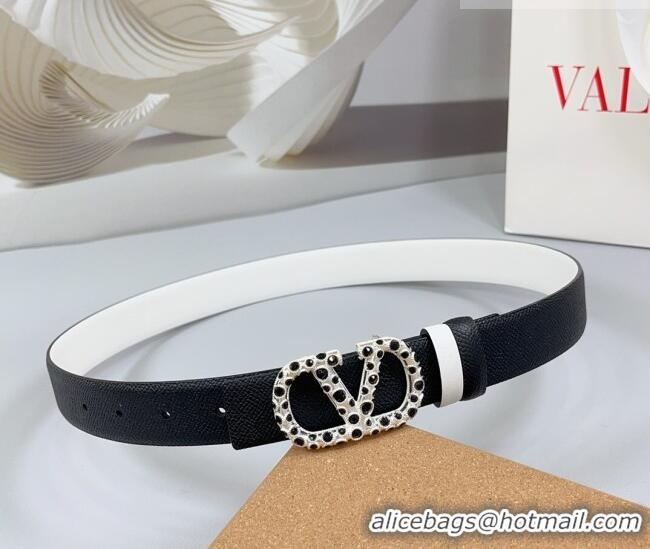 Super Quality Valentino VLogo Grained Calfskin Leather Belt 3cm with Stone Buckle 0108 Black/White 2025